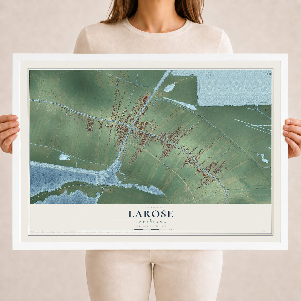 Map of Larose, Louisiana, 18 x 24 inch print in a white wood frame