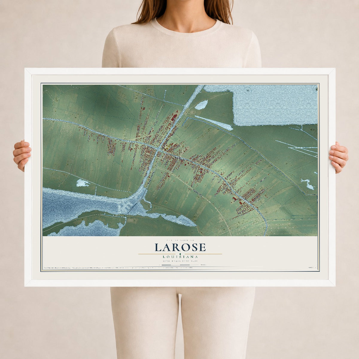 Map of Larose, Louisiana, 24 x 36 inch print in a white wood frame