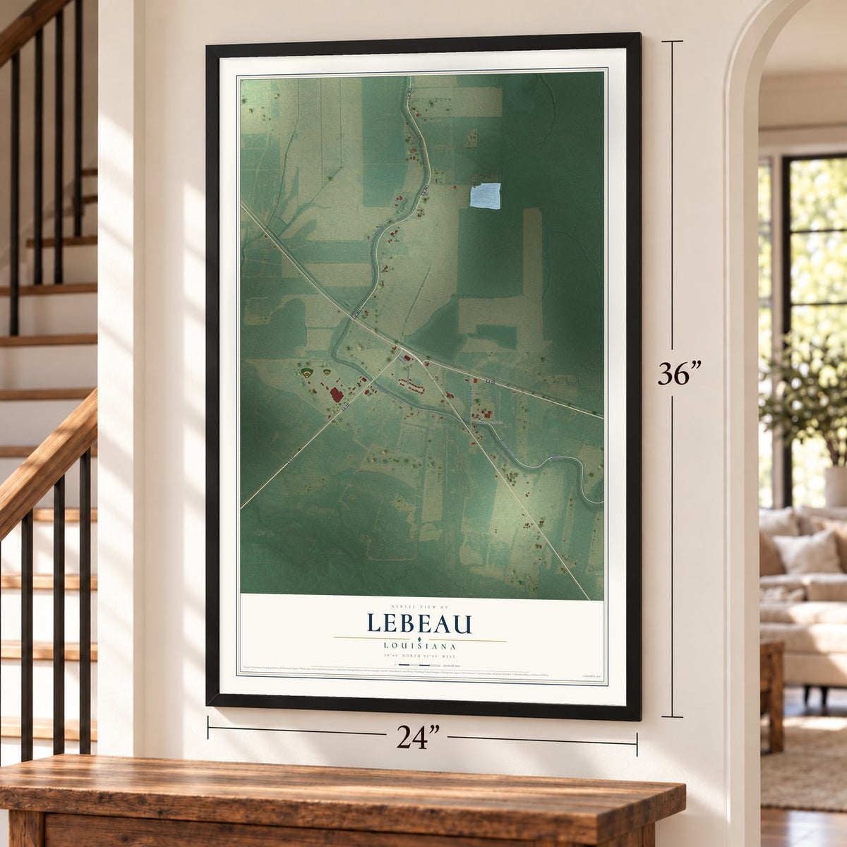 Lebeau, Louisiana map, 24 x 36 inch print in a black frame by a staircase