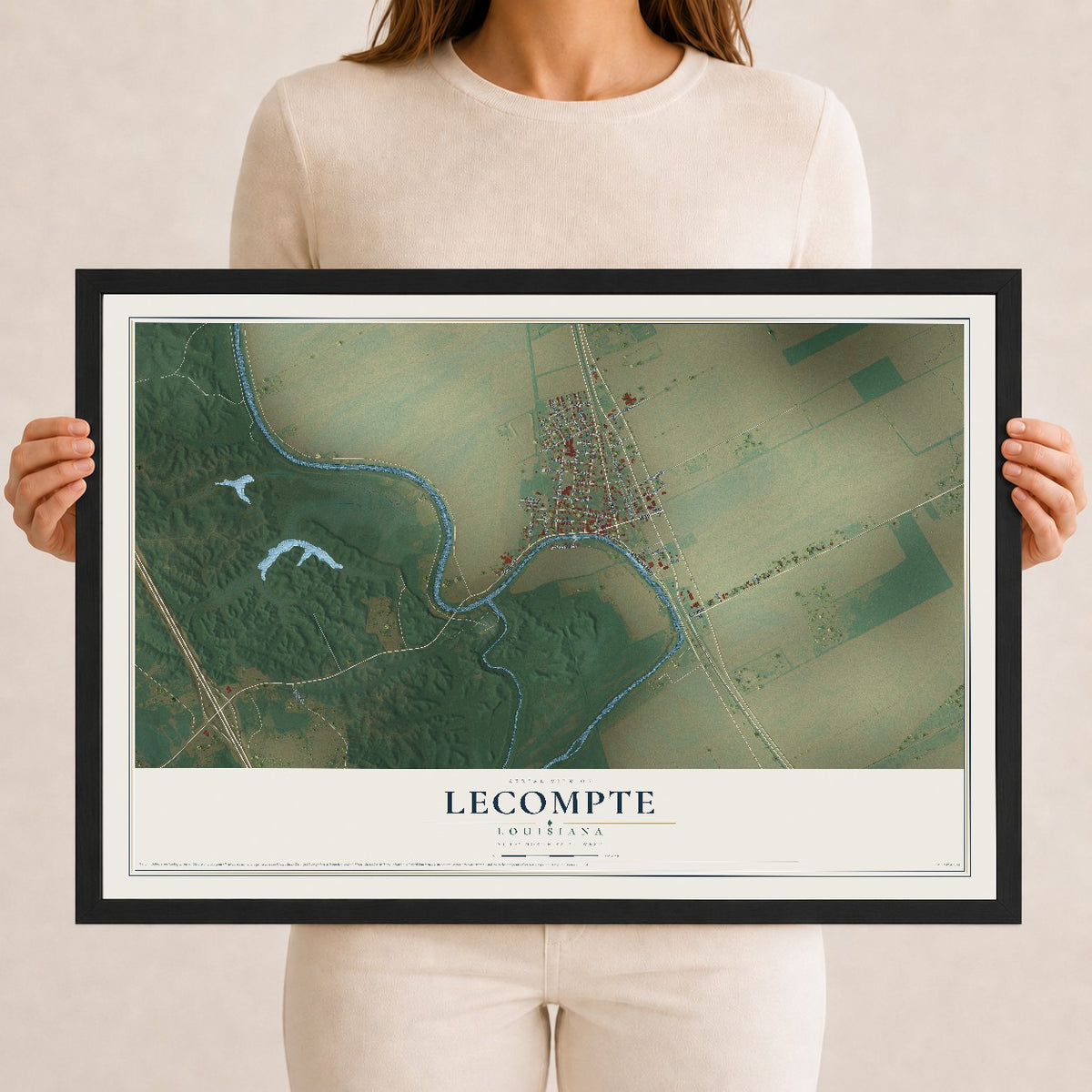 Map of Lecompte, Louisiana, 12 x 18 inch print in a black wood frame