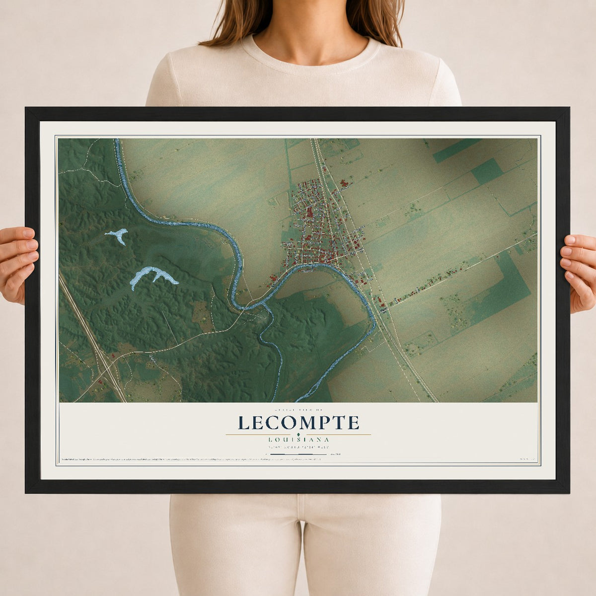 Map of Lecompte, Louisiana, 18 x 24 inch print in a black wood frame