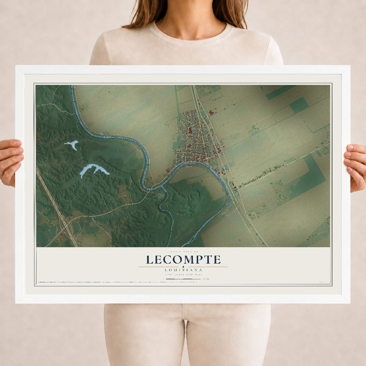 Map of Lecompte, Louisiana, 18 x 24 inch print in a white wood frame