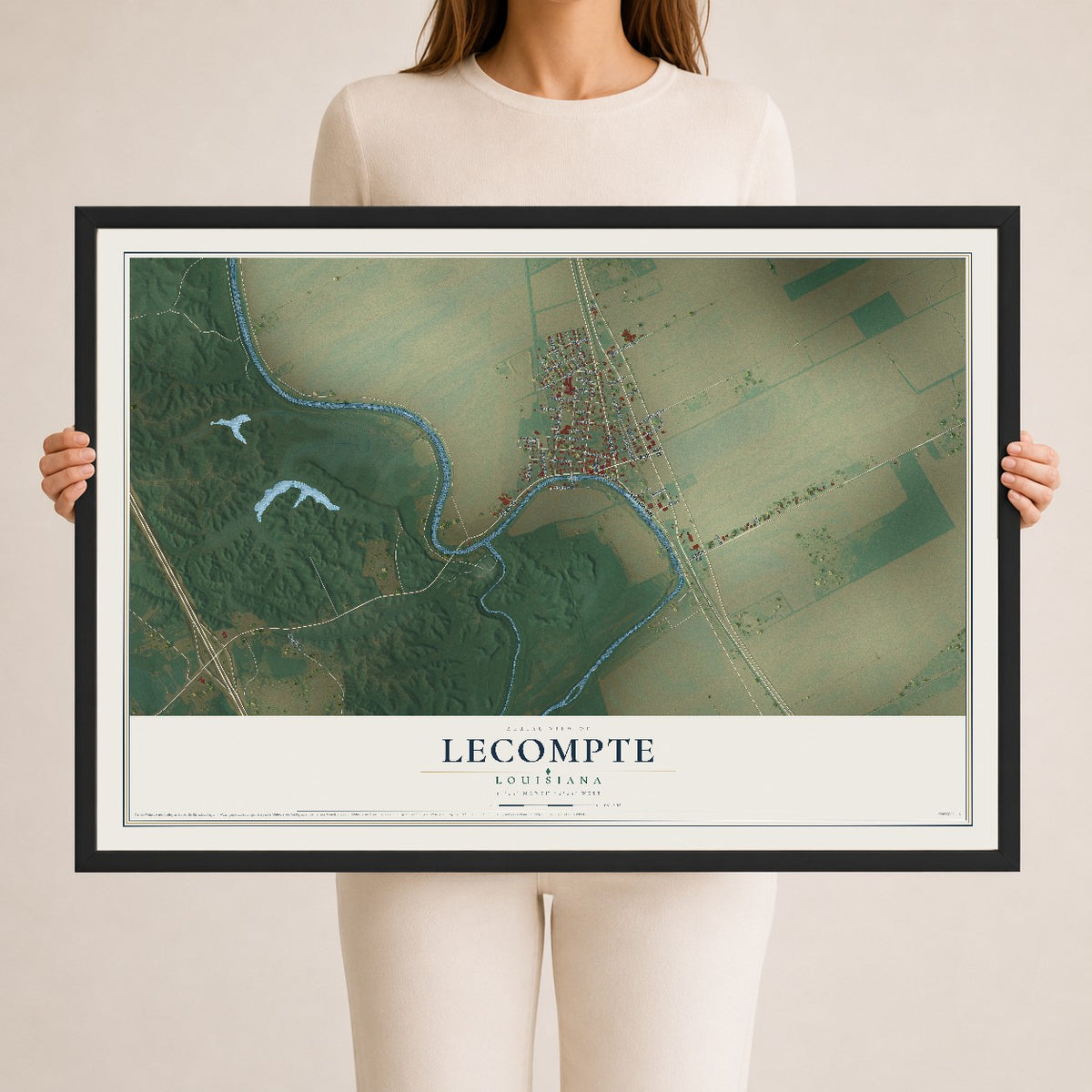 Map of Lecompte, Louisiana, 24 x 36 inch print in a black wood frame