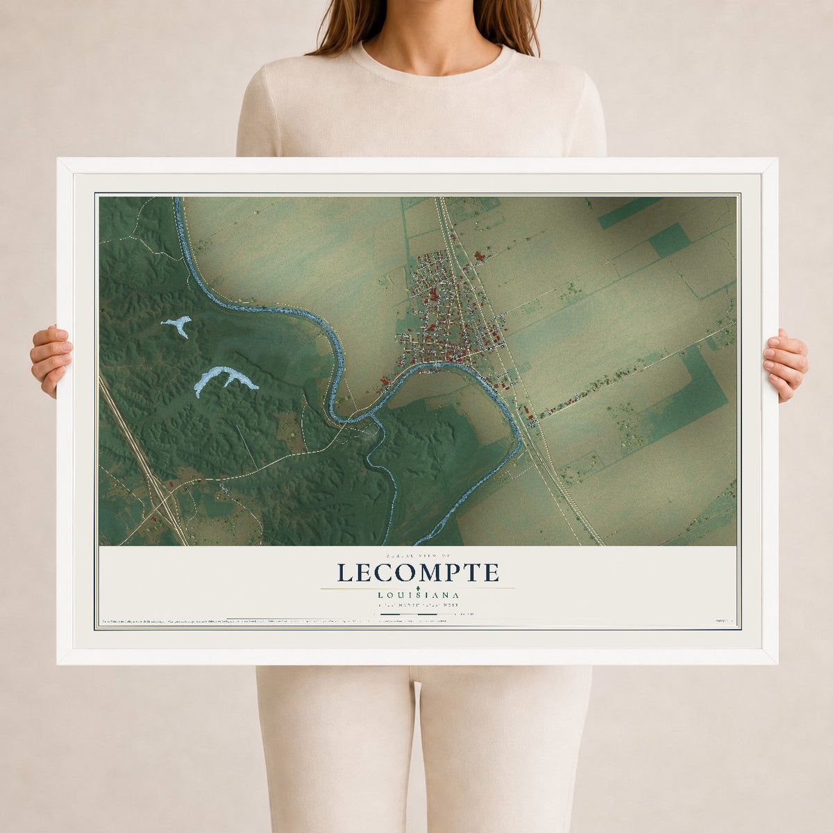 Map of Lecompte, Louisiana, 24 x 36 inch print in a white wood frame