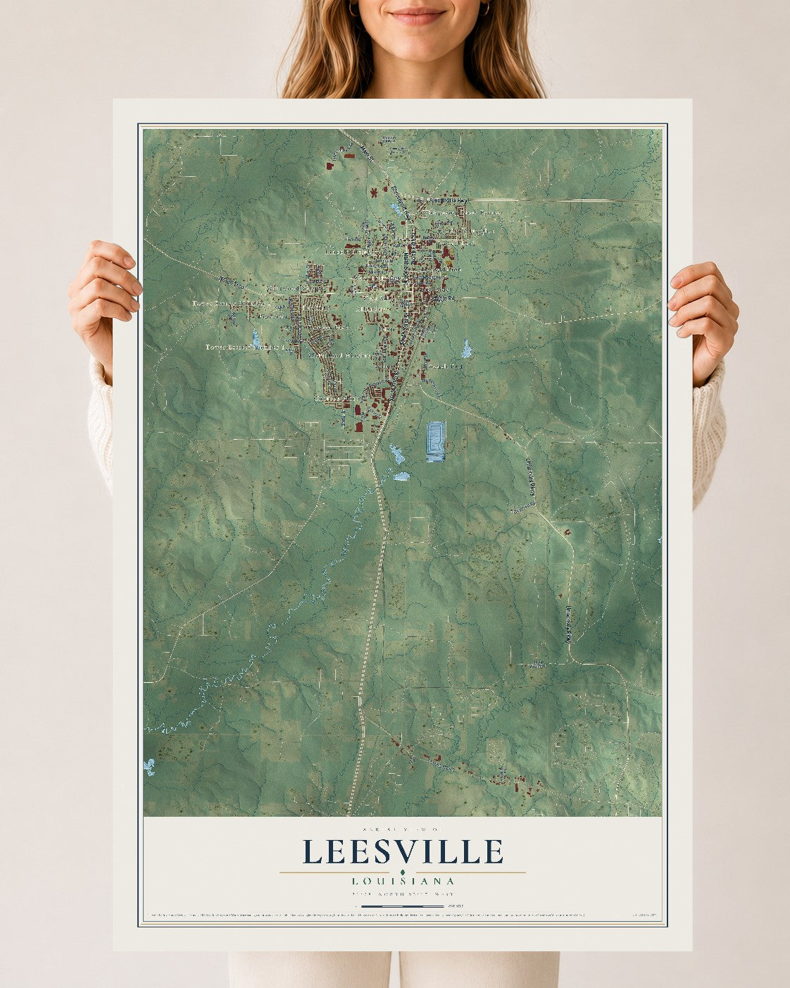Map of Leesville, Louisiana, 24 x 36 inch unframed archival matte print
