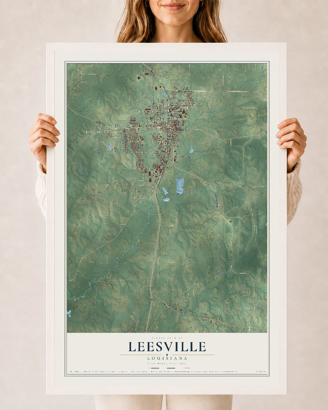 Map of Leesville, Louisiana, 24 x 36 inch print in a white wood frame