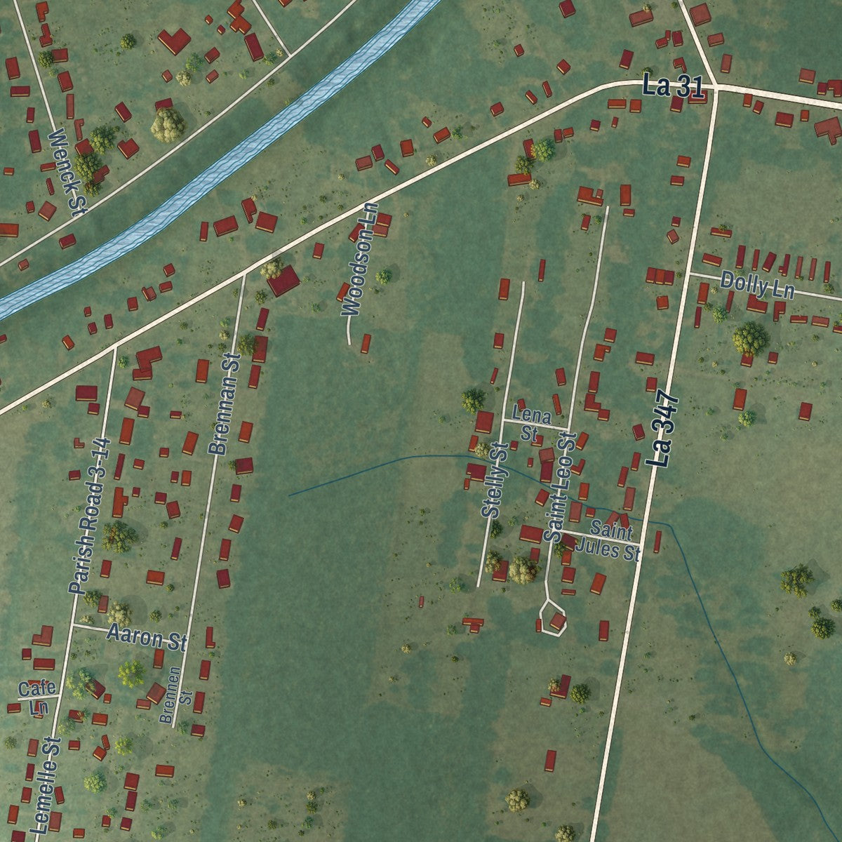 Close-up of the map of Leonville, Louisiana print showing street and building detail
