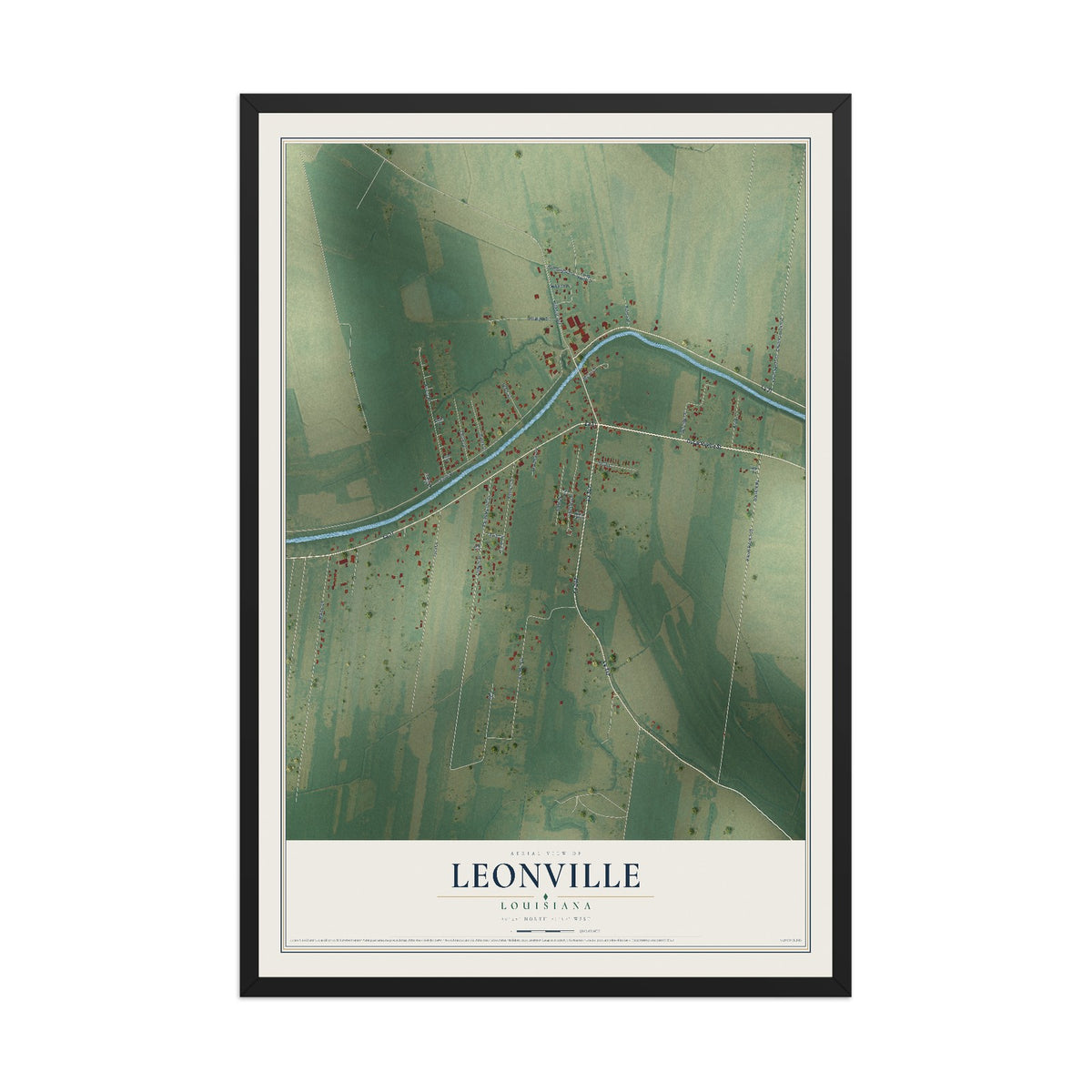 Map of Leonville, Louisiana, 12 x 18 inch print in a black wood frame