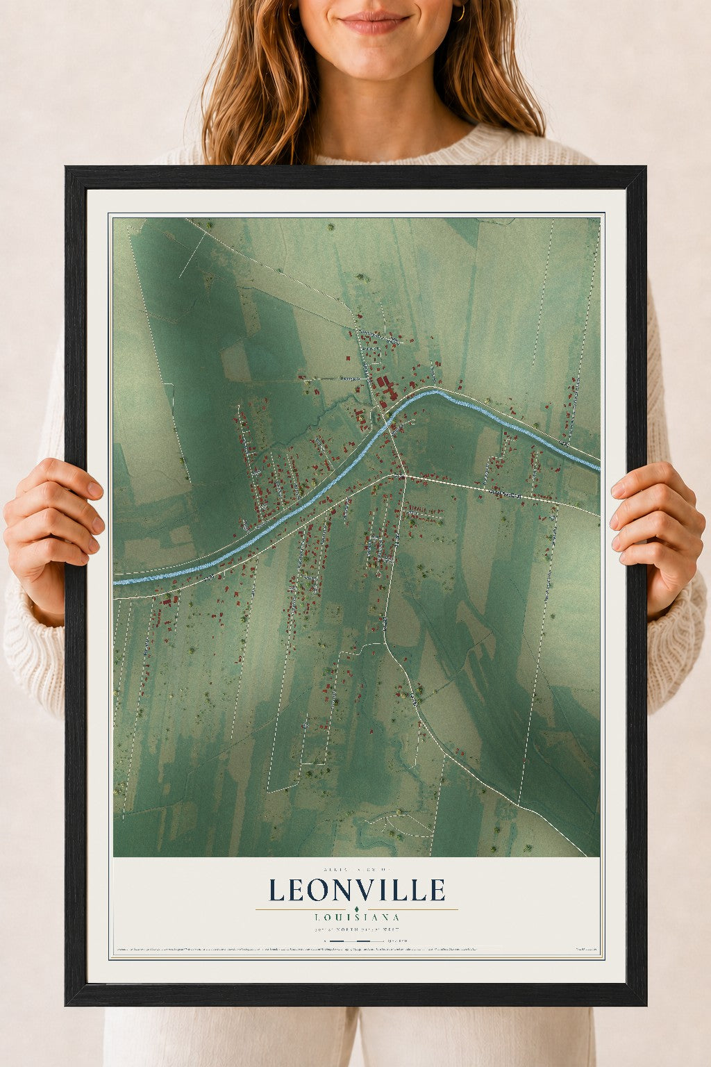Map of Leonville, Louisiana, 18 x 24 inch print in a black wood frame