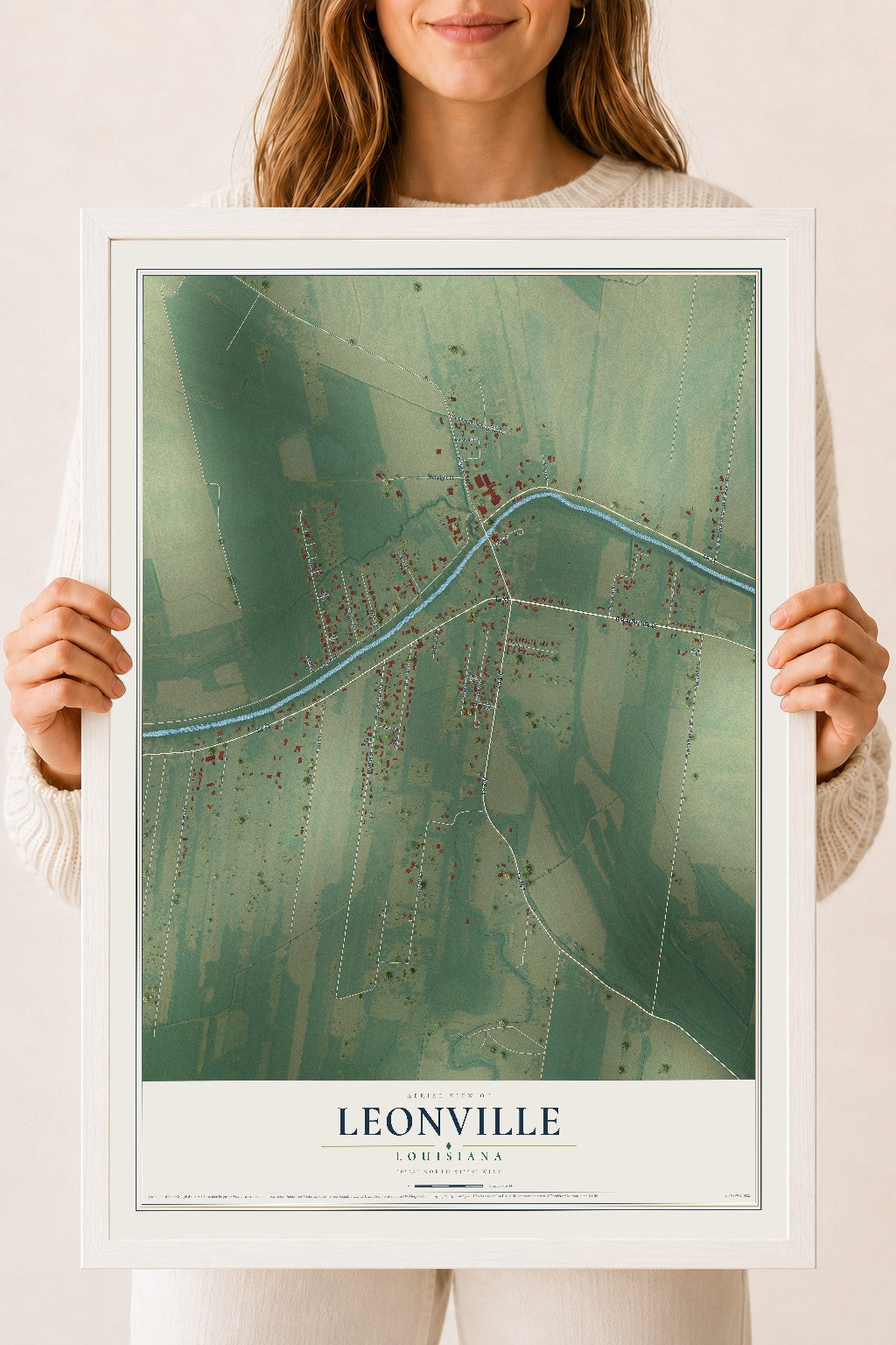 Map of Leonville, Louisiana, 18 x 24 inch print in a white wood frame