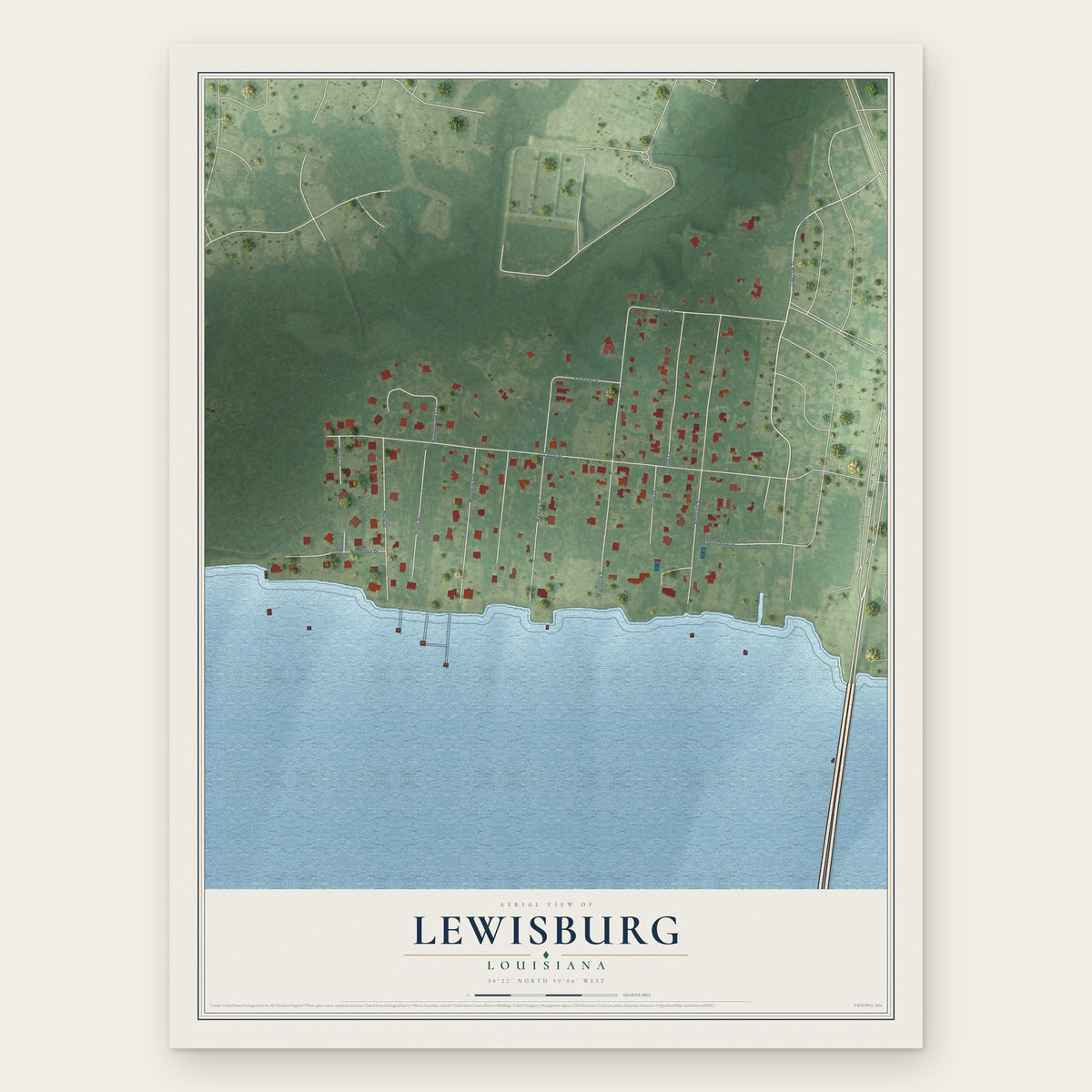 Lewisburg, Louisiana map print, the full design