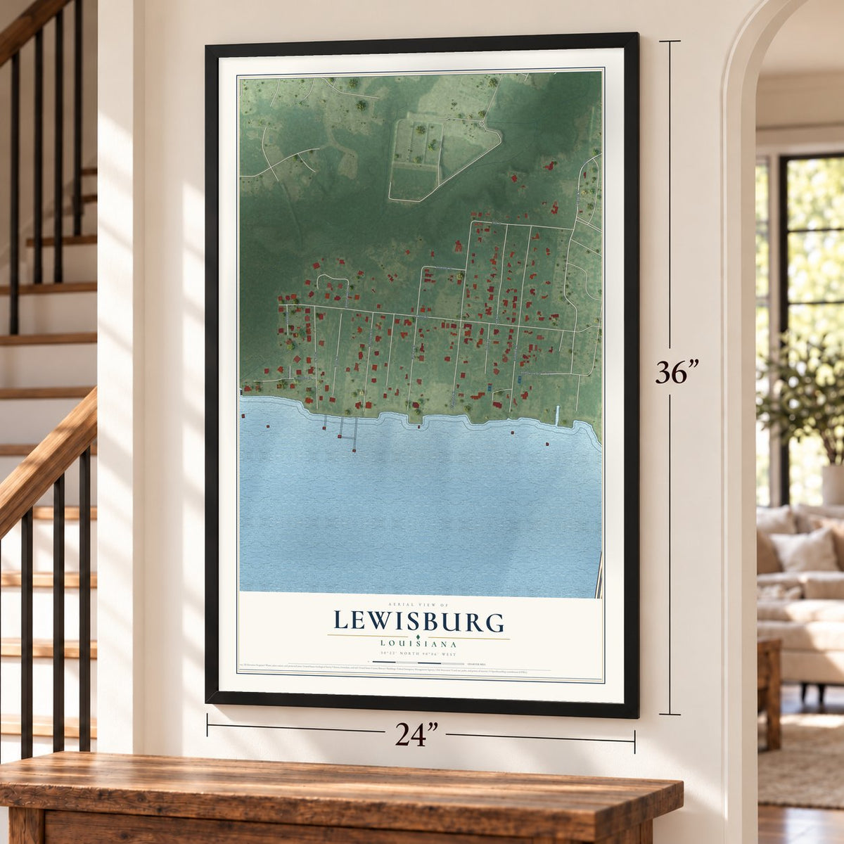 Lewisburg, Louisiana map, 24 x 36 inch print in a black frame by a staircase