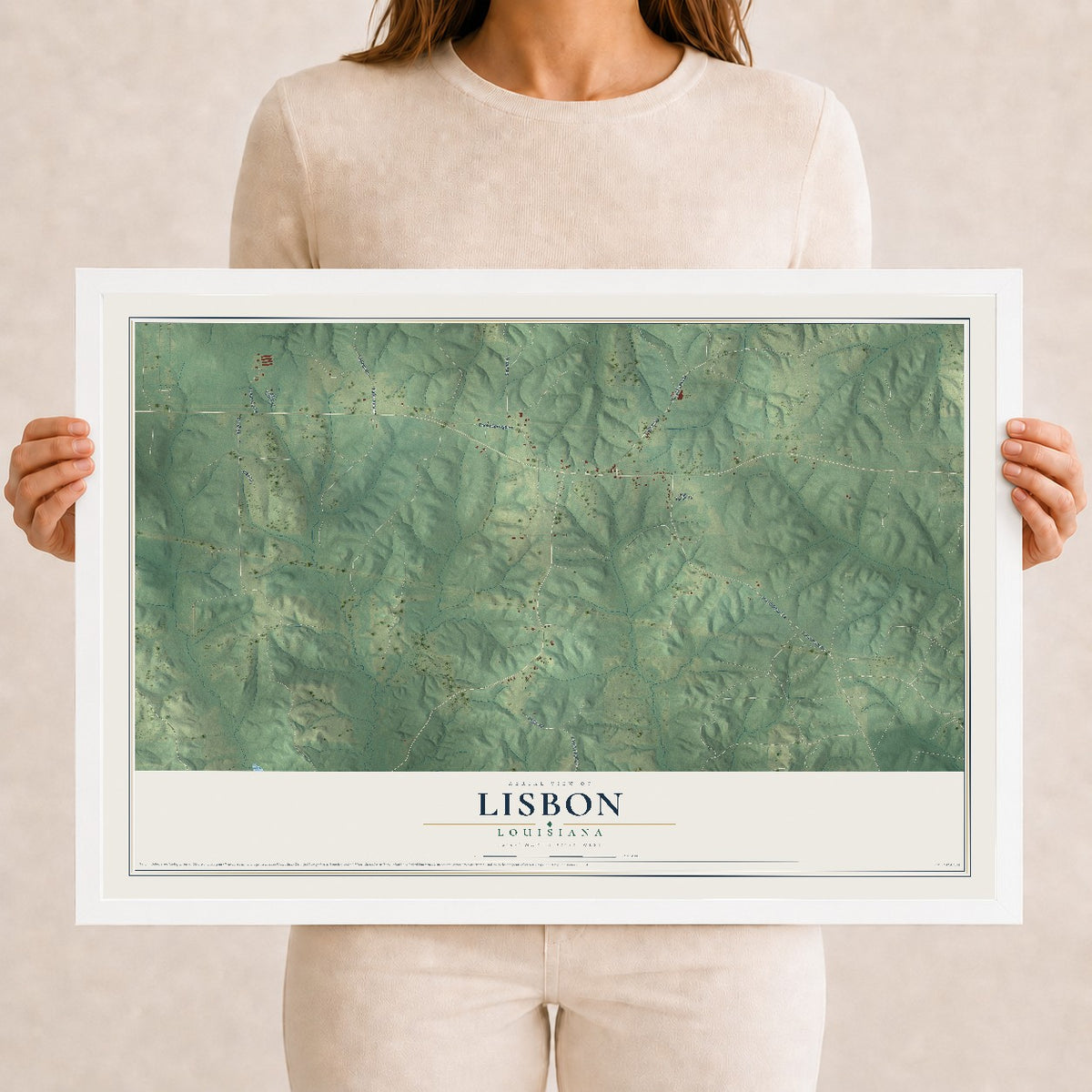 Map of Lisbon, Louisiana, 12 x 18 inch print in a white wood frame
