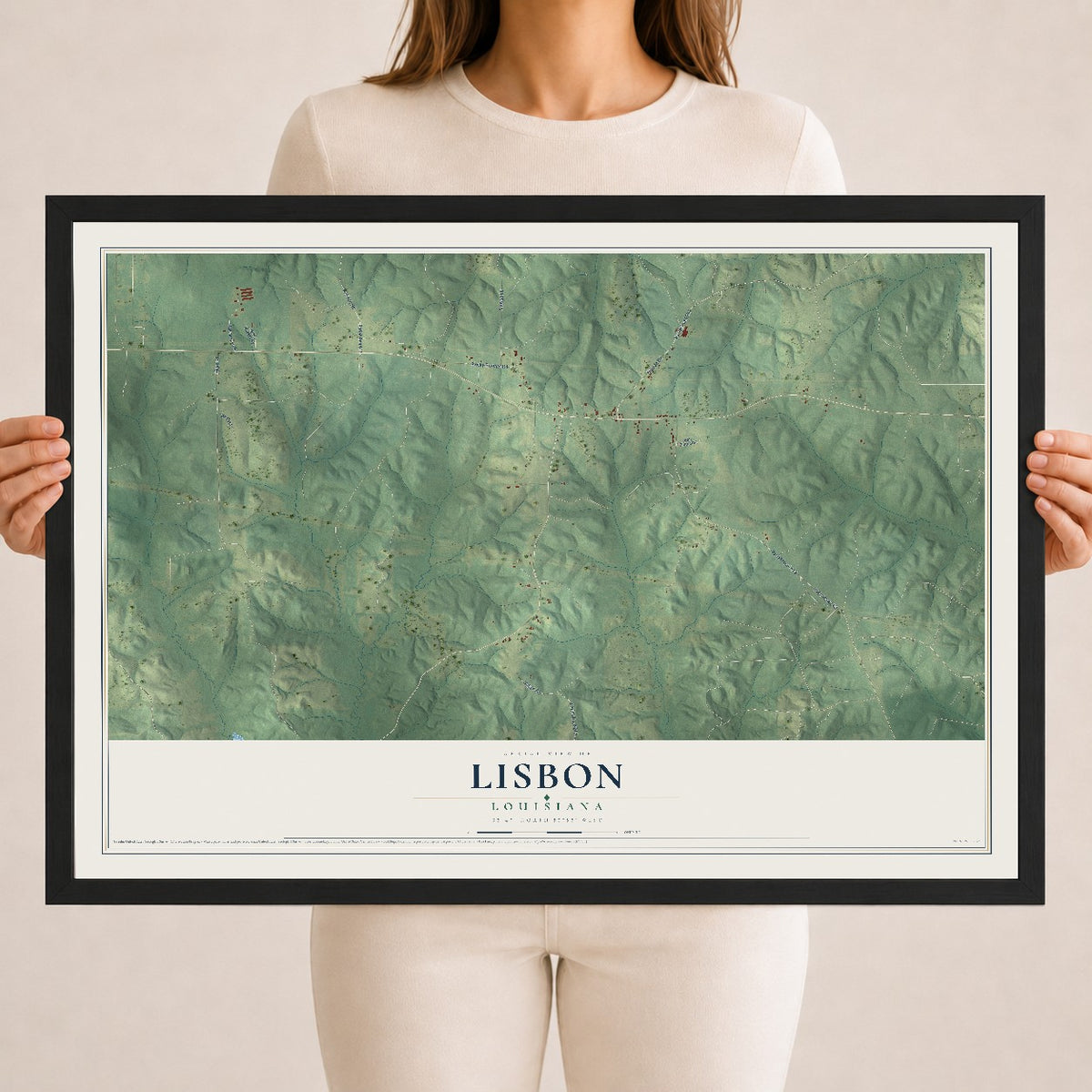 Map of Lisbon, Louisiana, 18 x 24 inch print in a black wood frame