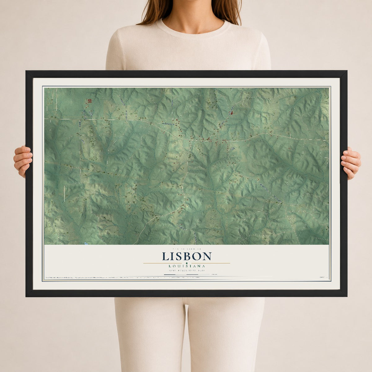 Map of Lisbon, Louisiana, 24 x 36 inch print in a black wood frame