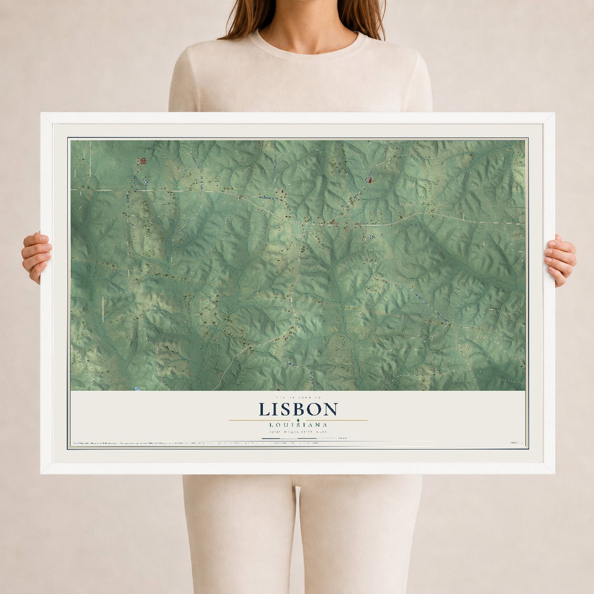 Map of Lisbon, Louisiana, 24 x 36 inch print in a white wood frame