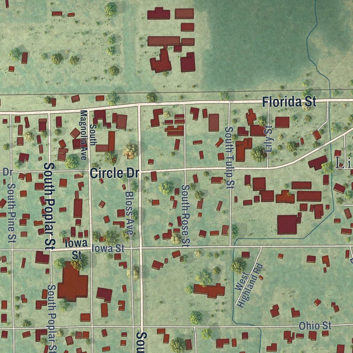 Close-up of the map of Livingston, Louisiana print showing street and building detail