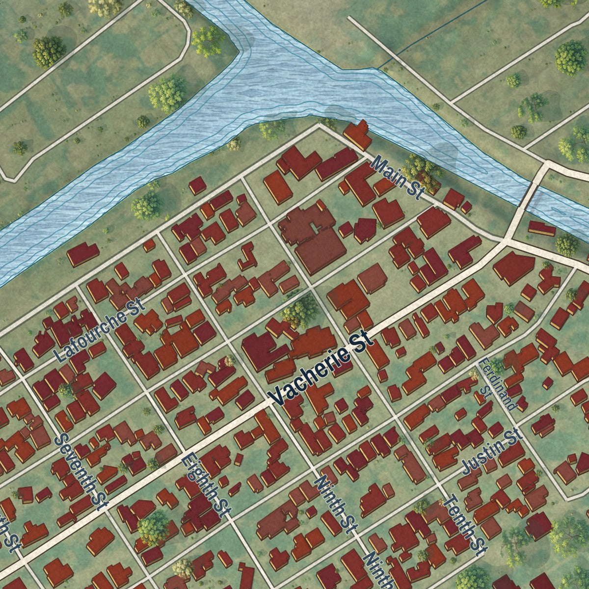 Close-up of the map of Lockport, Louisiana print showing street and building detail