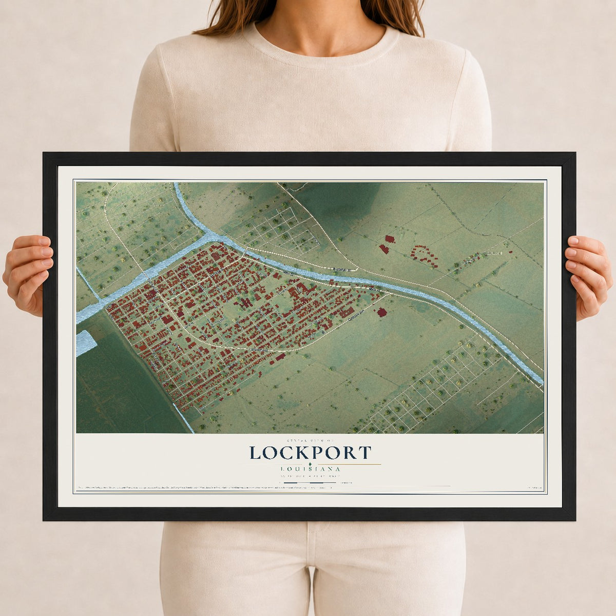 Map of Lockport, Louisiana, 12 x 18 inch print in a black wood frame