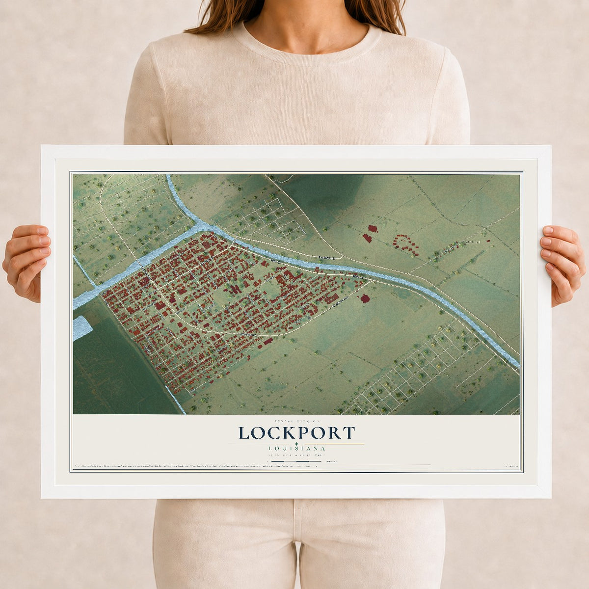Map of Lockport, Louisiana, 12 x 18 inch print in a white wood frame