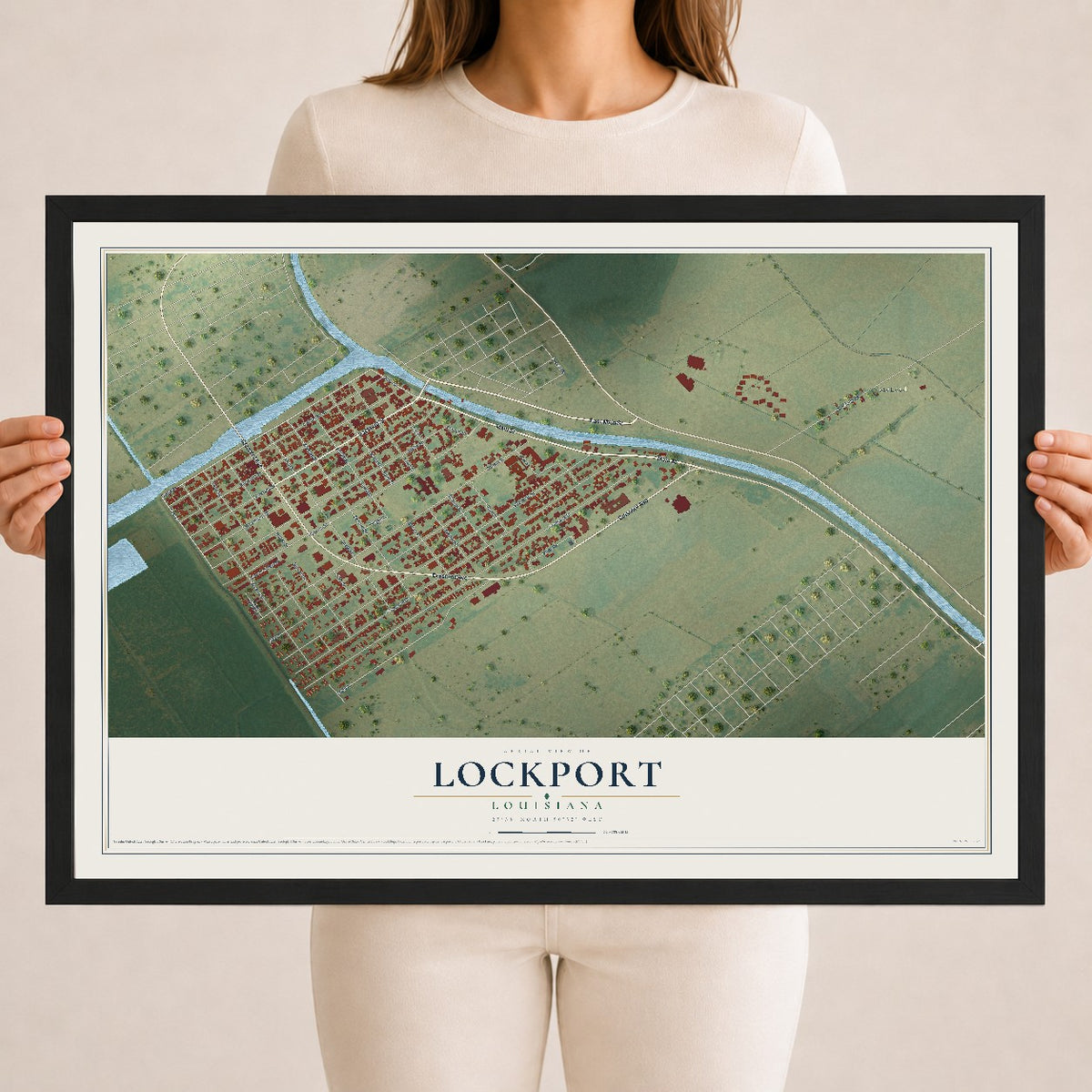 Map of Lockport, Louisiana, 18 x 24 inch print in a black wood frame