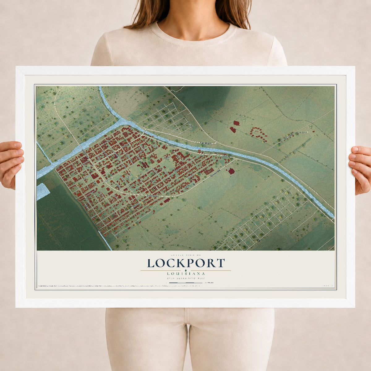 Map of Lockport, Louisiana, 18 x 24 inch print in a white wood frame