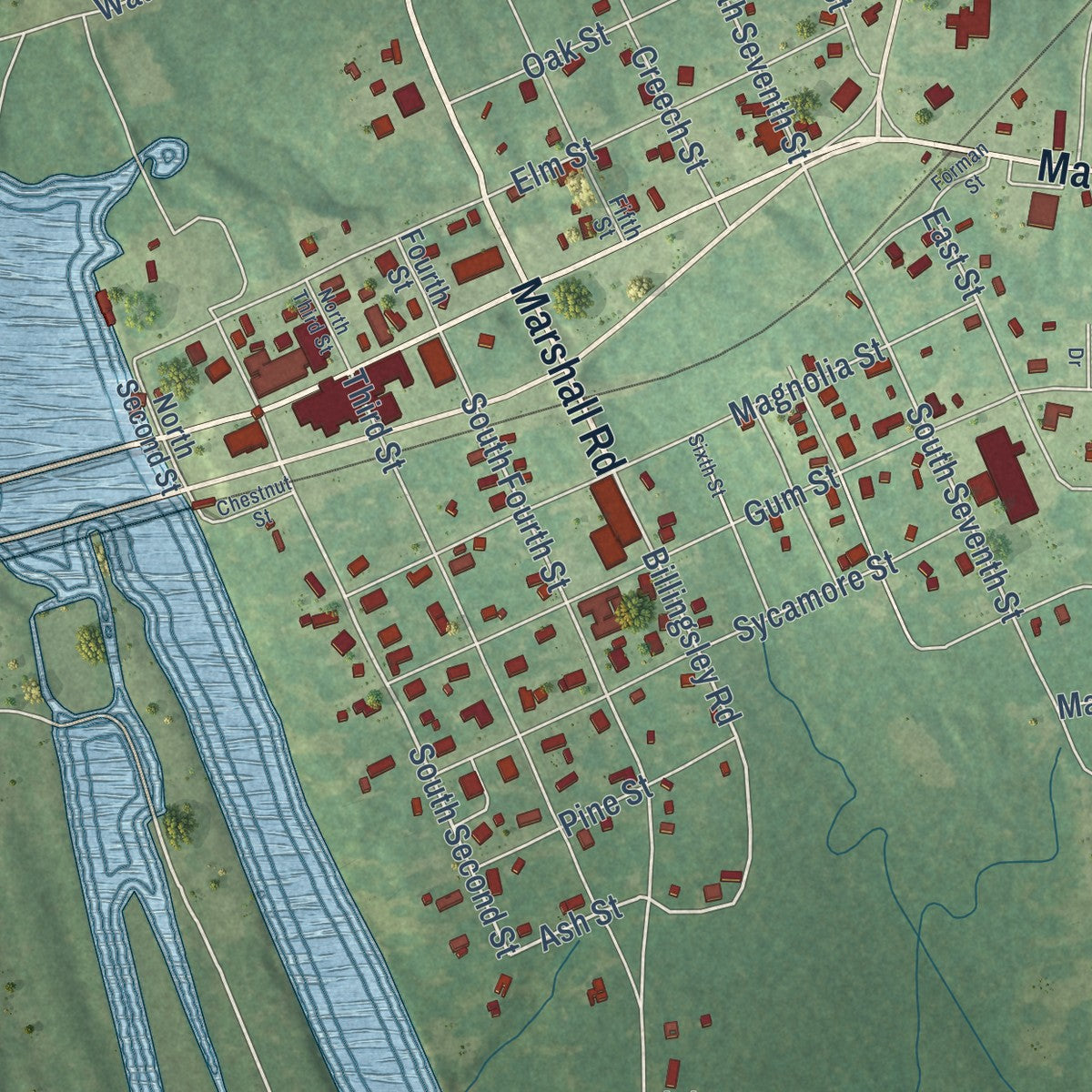 Close-up of the map of Logansport, Louisiana print showing street and building detail