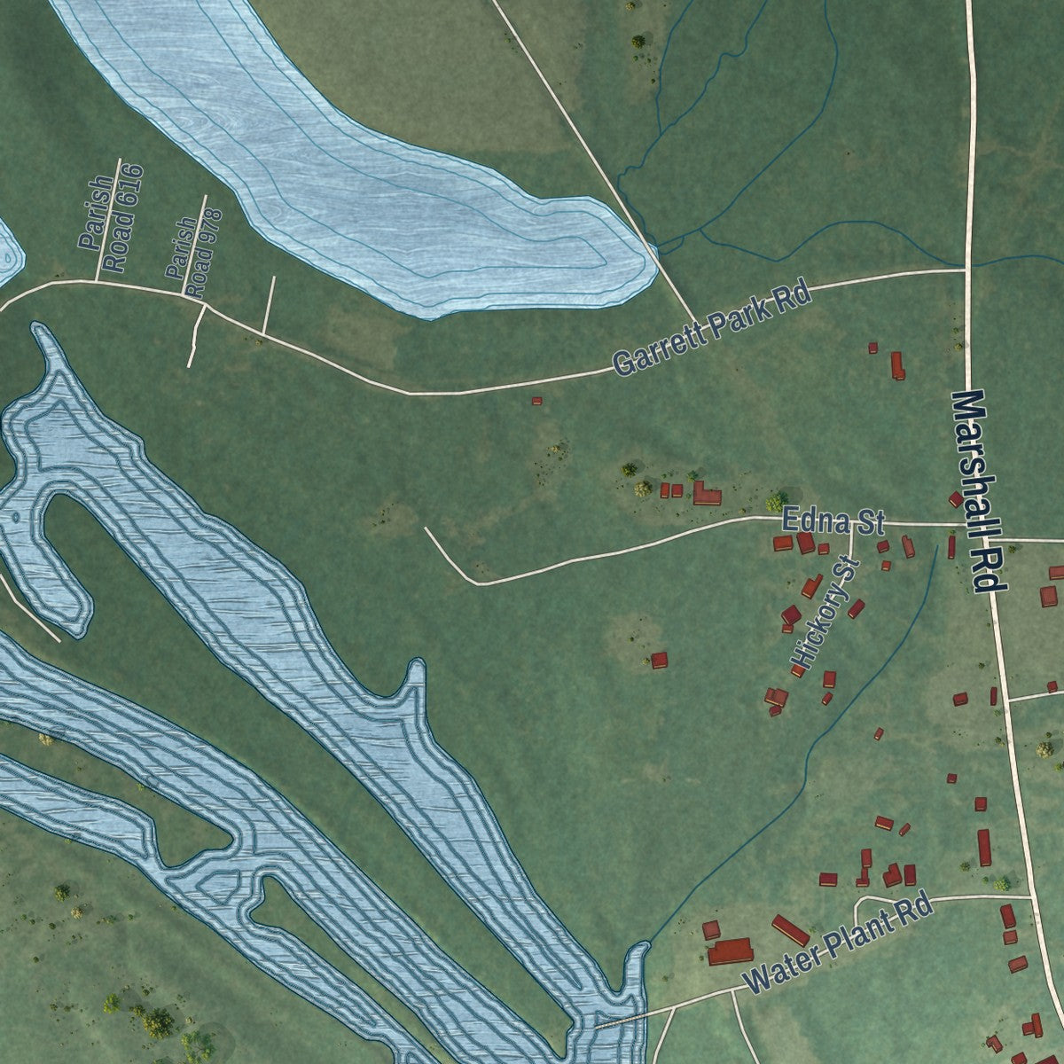 Second close-up of the map of Logansport, Louisiana print showing more streets and buildings