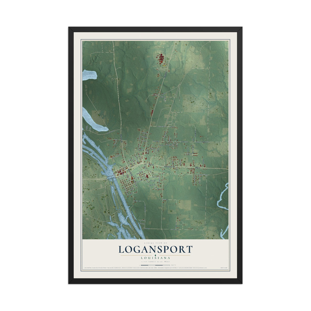 Map of Logansport, Louisiana, 12 x 18 inch print in a black wood frame