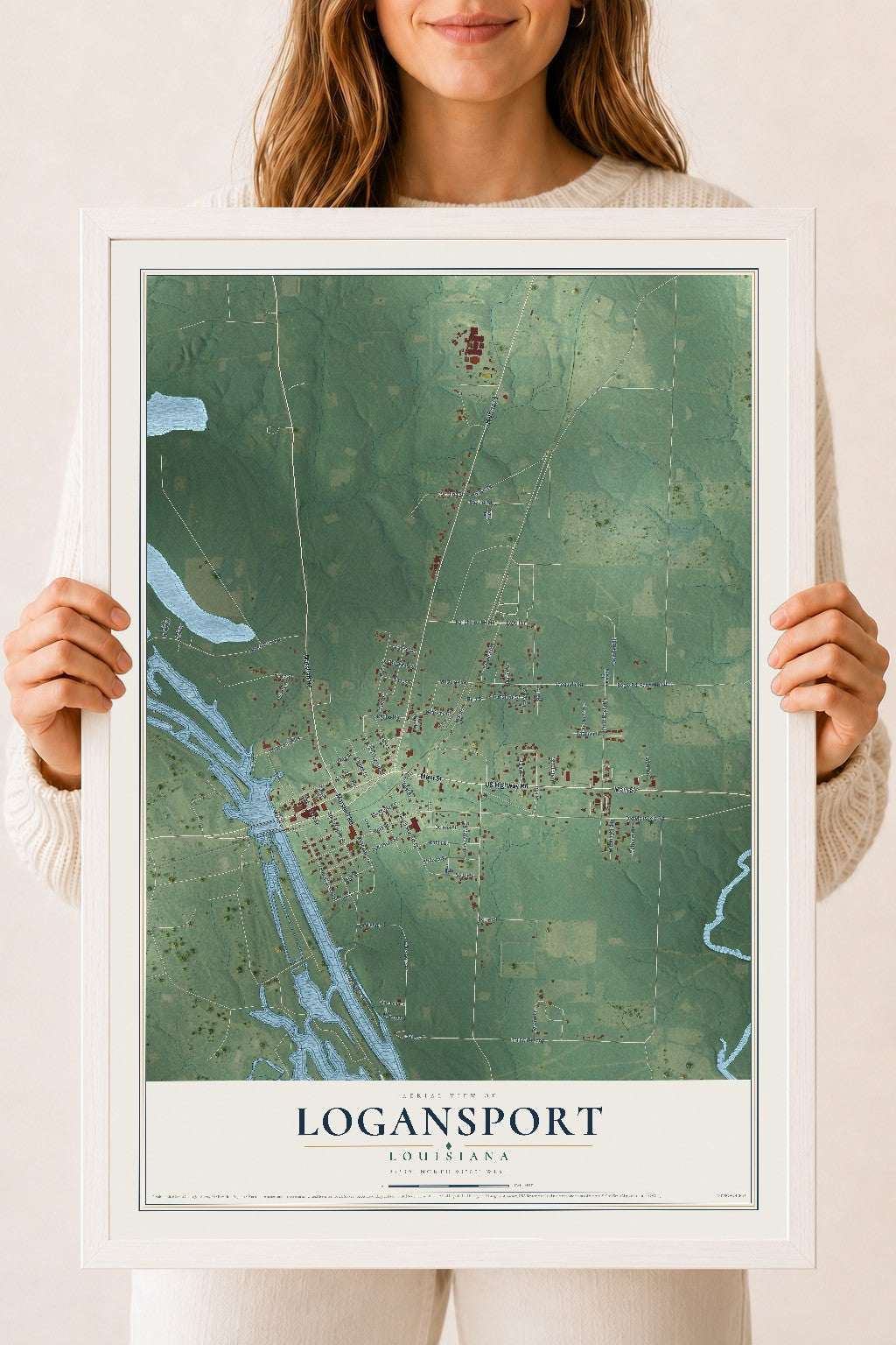 Map of Logansport, Louisiana, 18 x 24 inch print in a white wood frame