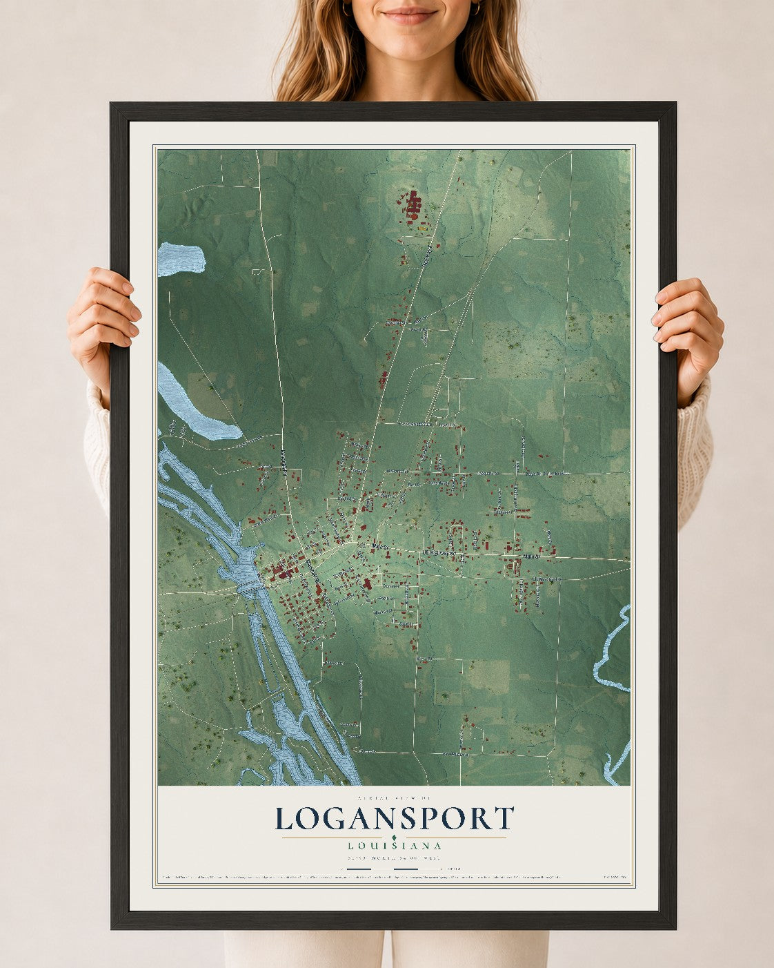 Map of Logansport, Louisiana, 24 x 36 inch print in a black wood frame