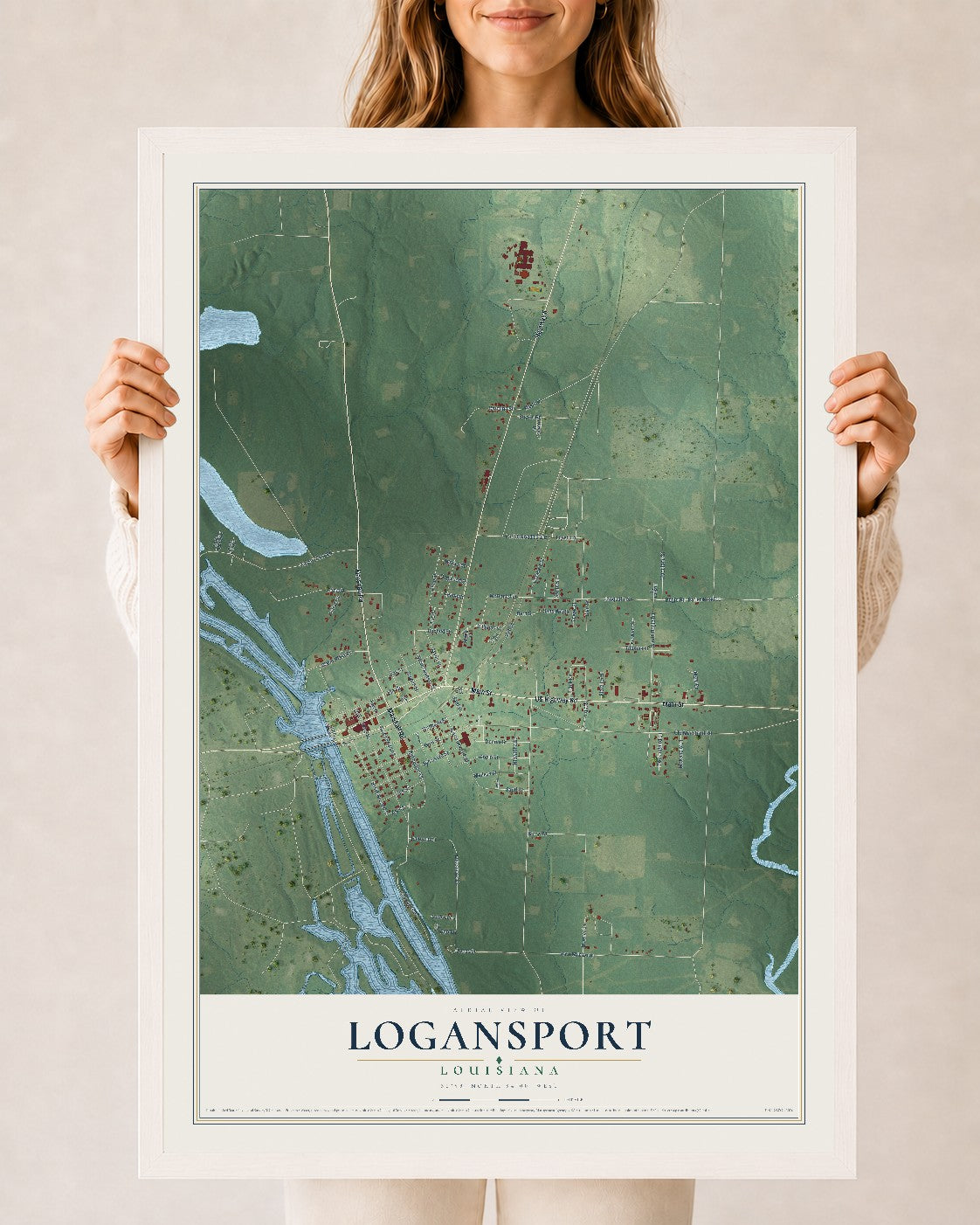 Map of Logansport, Louisiana, 24 x 36 inch print in a white wood frame