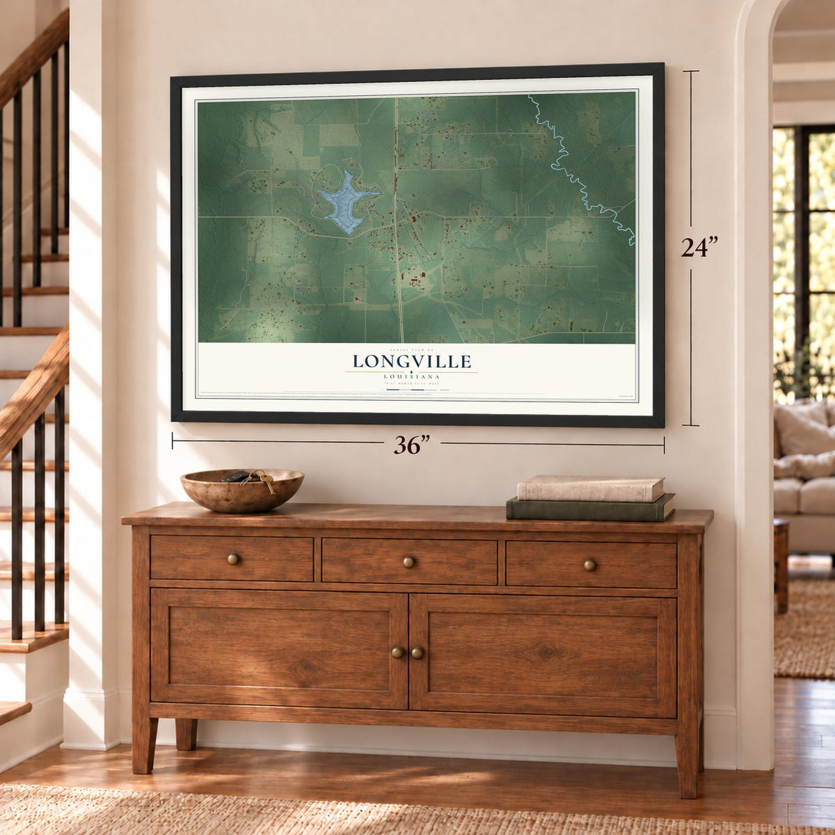 Longville, Louisiana map, 24 x 36 inch print in a black frame above a dresser by a staircase