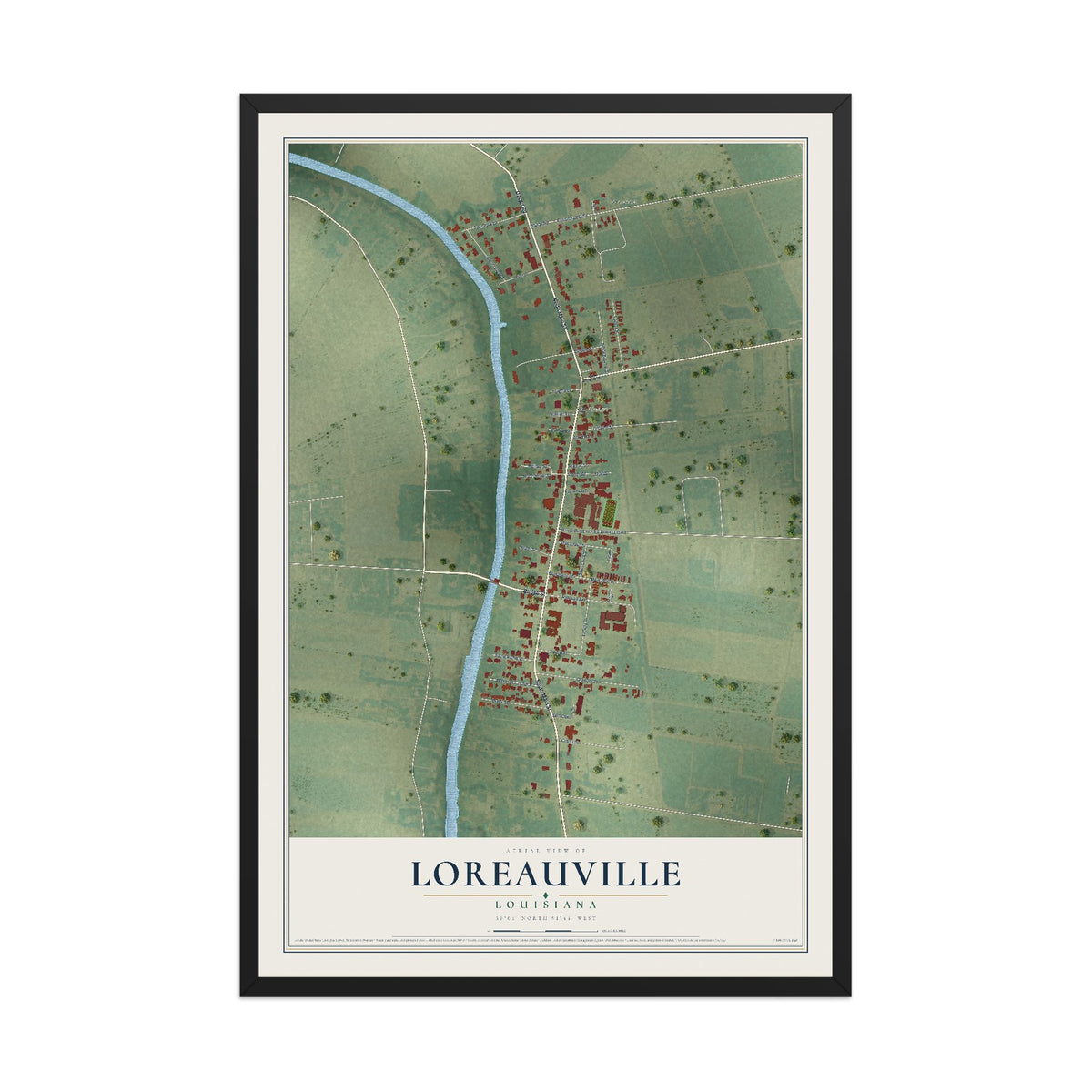 Map of Loreauville, Louisiana, 12 x 18 inch print in a black wood frame