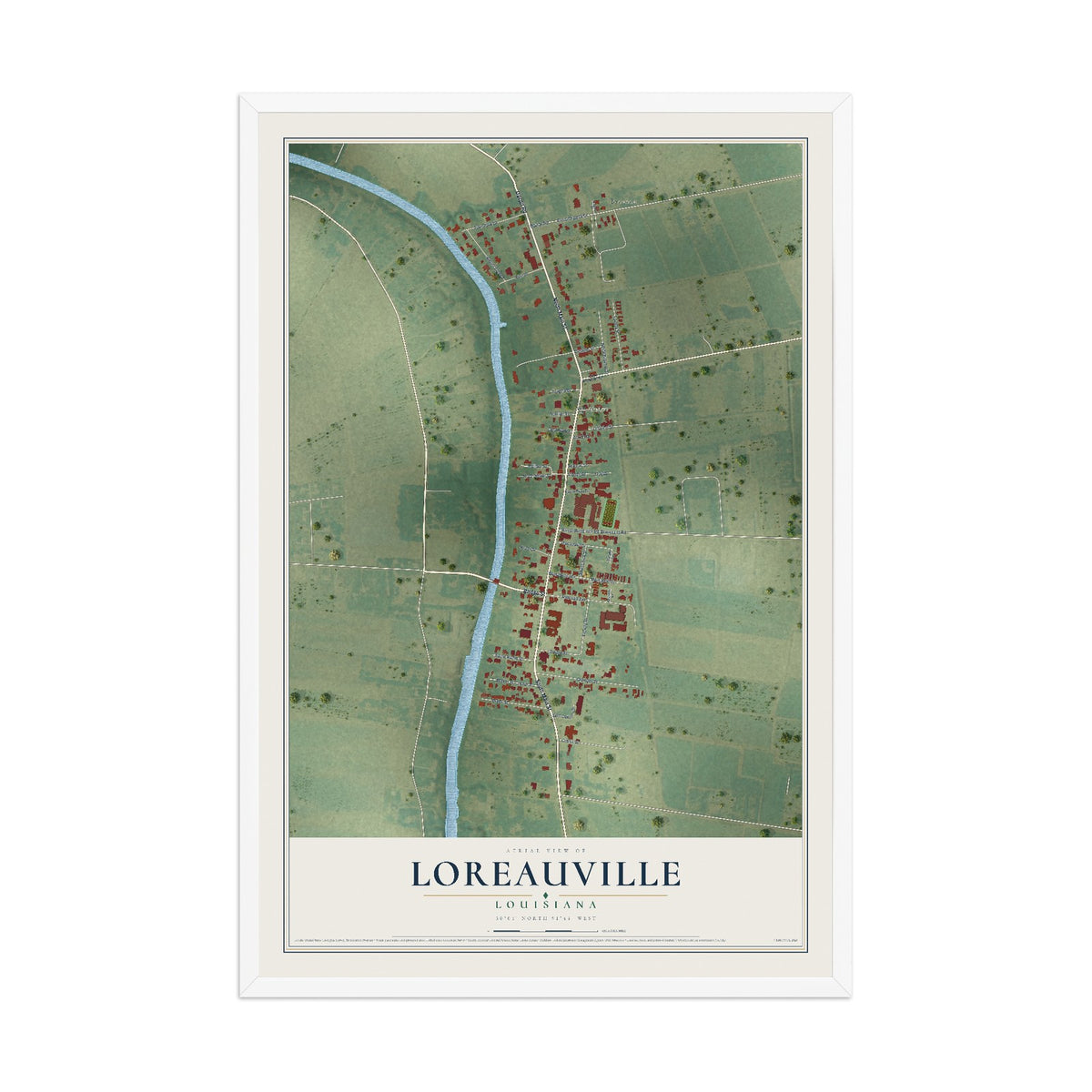 Map of Loreauville, Louisiana, 12 x 18 inch print in a white wood frame