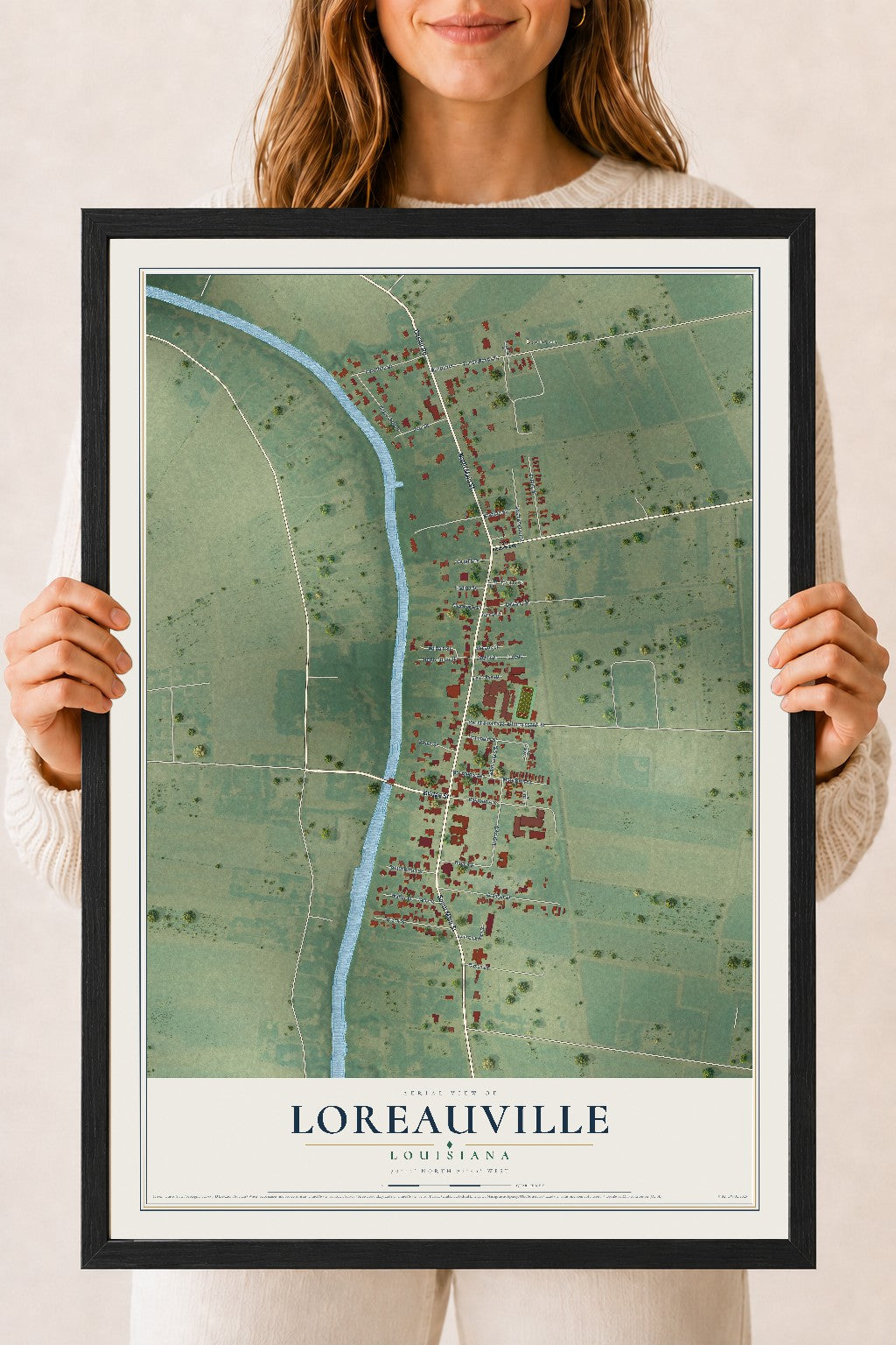Map of Loreauville, Louisiana, 18 x 24 inch print in a black wood frame