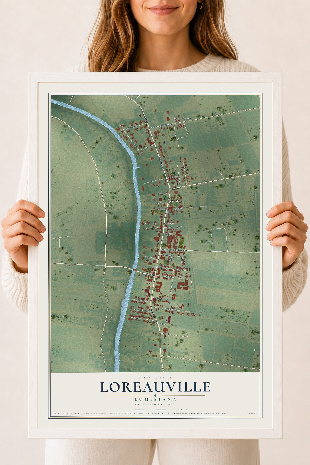 Map of Loreauville, Louisiana, 18 x 24 inch print in a white wood frame