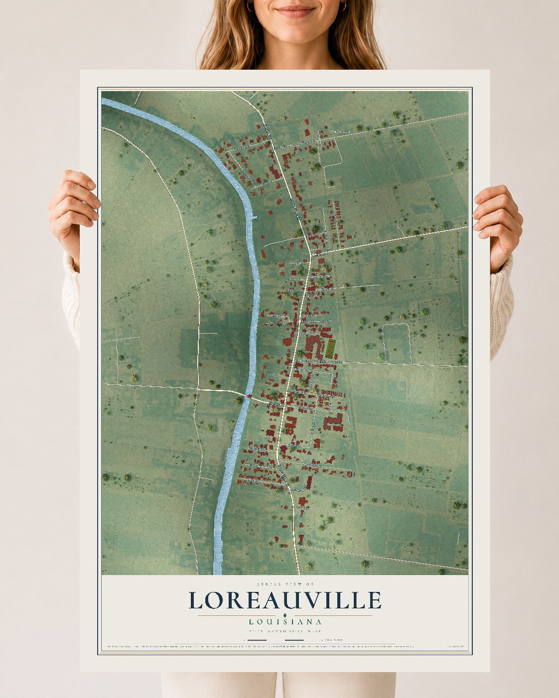 Map of Loreauville, Louisiana, 24 x 36 inch unframed archival matte print
