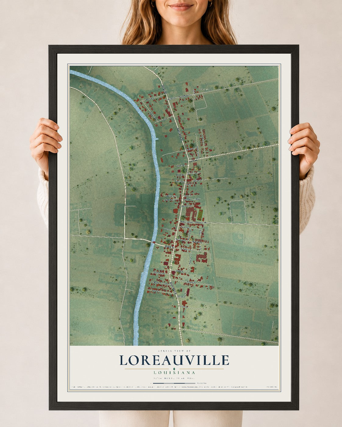 Map of Loreauville, Louisiana, 24 x 36 inch print in a black wood frame