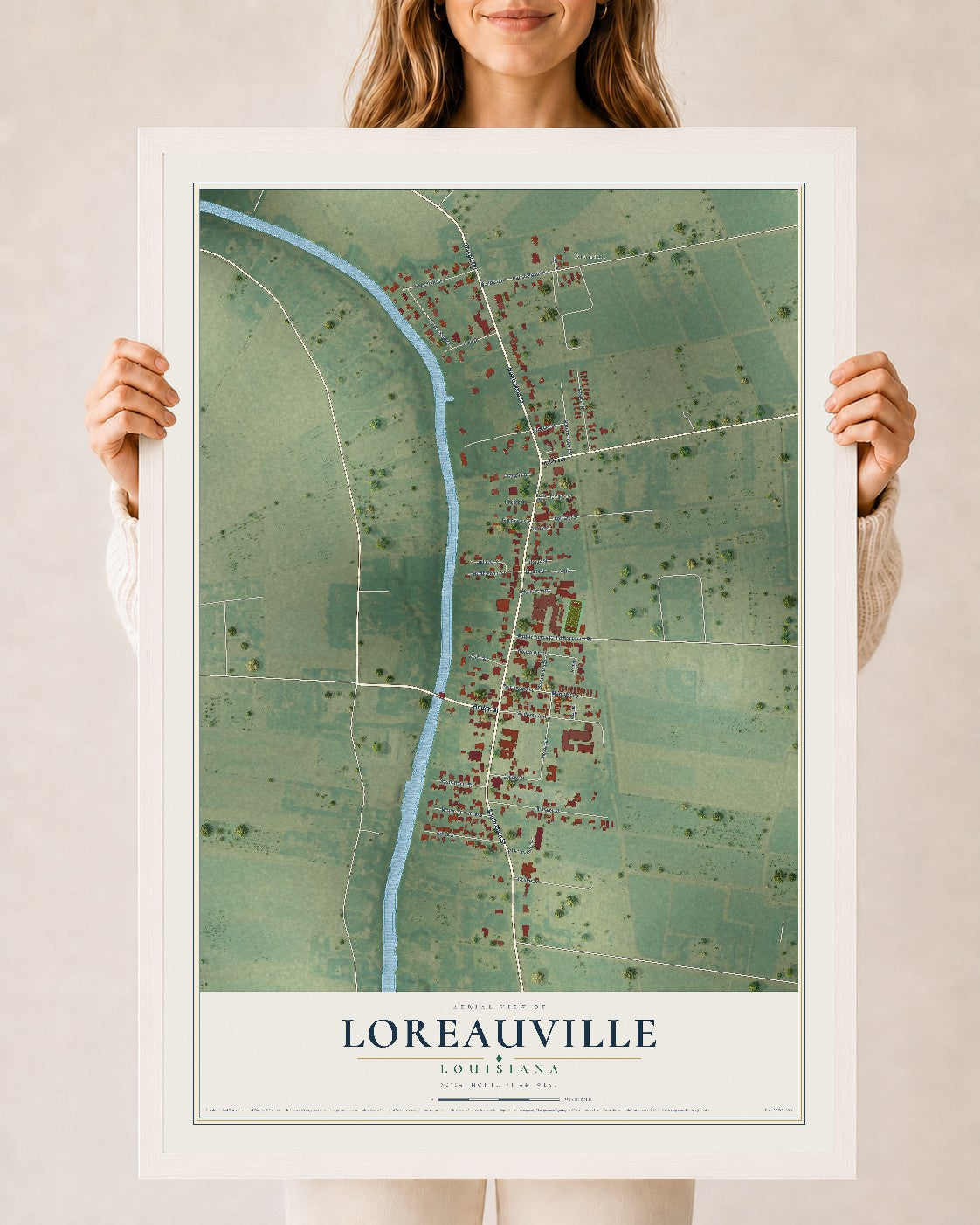 Map of Loreauville, Louisiana, 24 x 36 inch print in a white wood frame