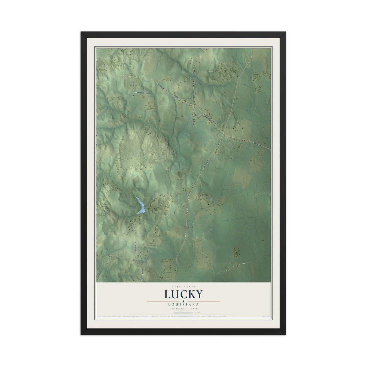 Map of Lucky, Louisiana, 12 x 18 inch print in a black wood frame