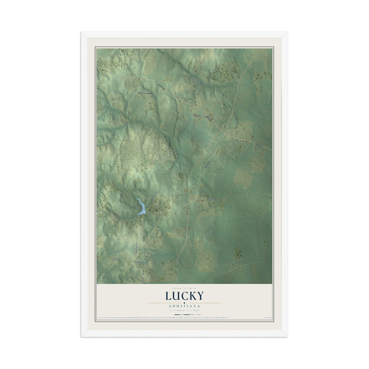 Map of Lucky, Louisiana, 12 x 18 inch print in a white wood frame