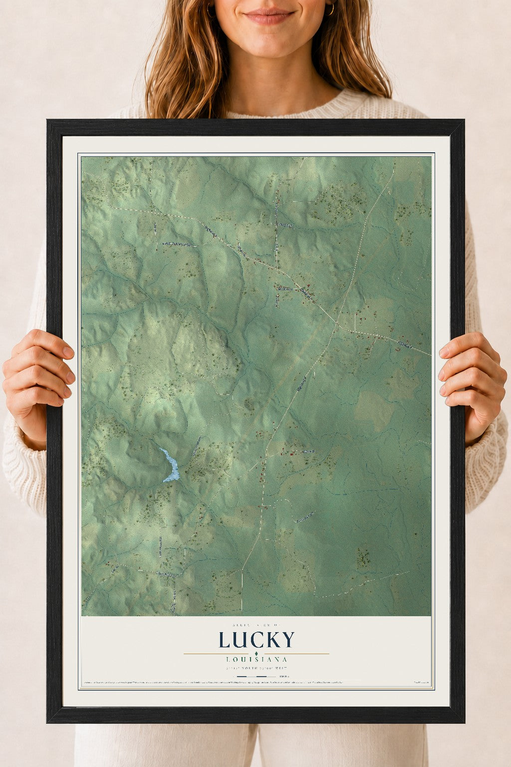 Map of Lucky, Louisiana, 18 x 24 inch print in a black wood frame