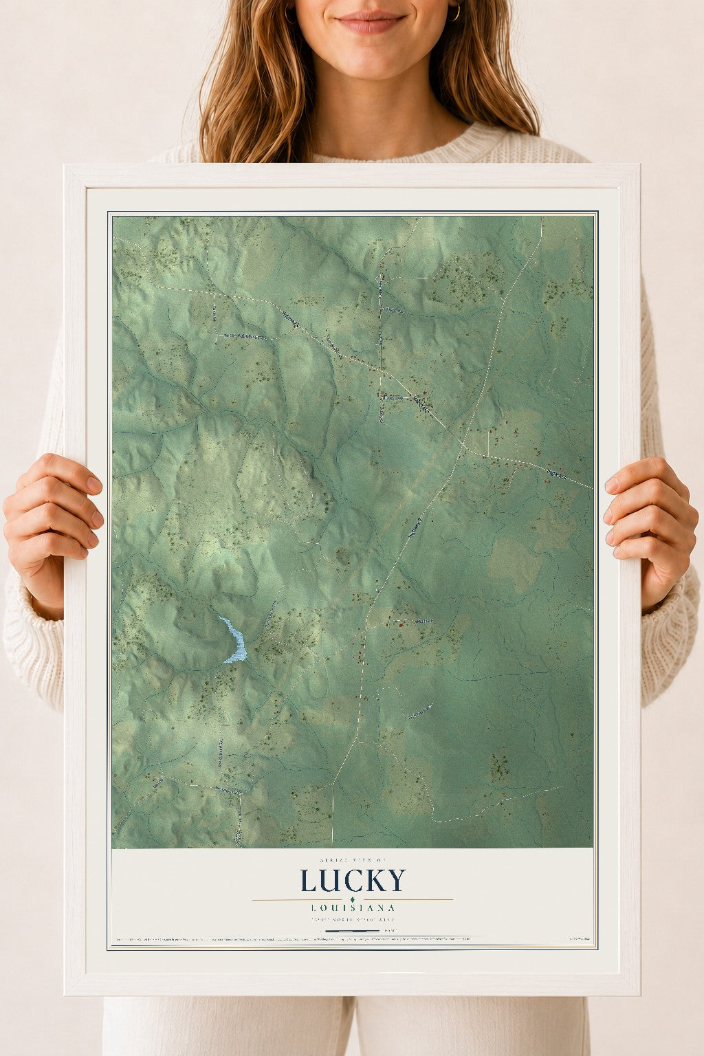 Map of Lucky, Louisiana, 18 x 24 inch print in a white wood frame