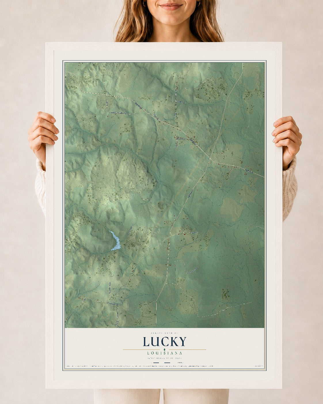 Map of Lucky, Louisiana, 24 x 36 inch print in a white wood frame