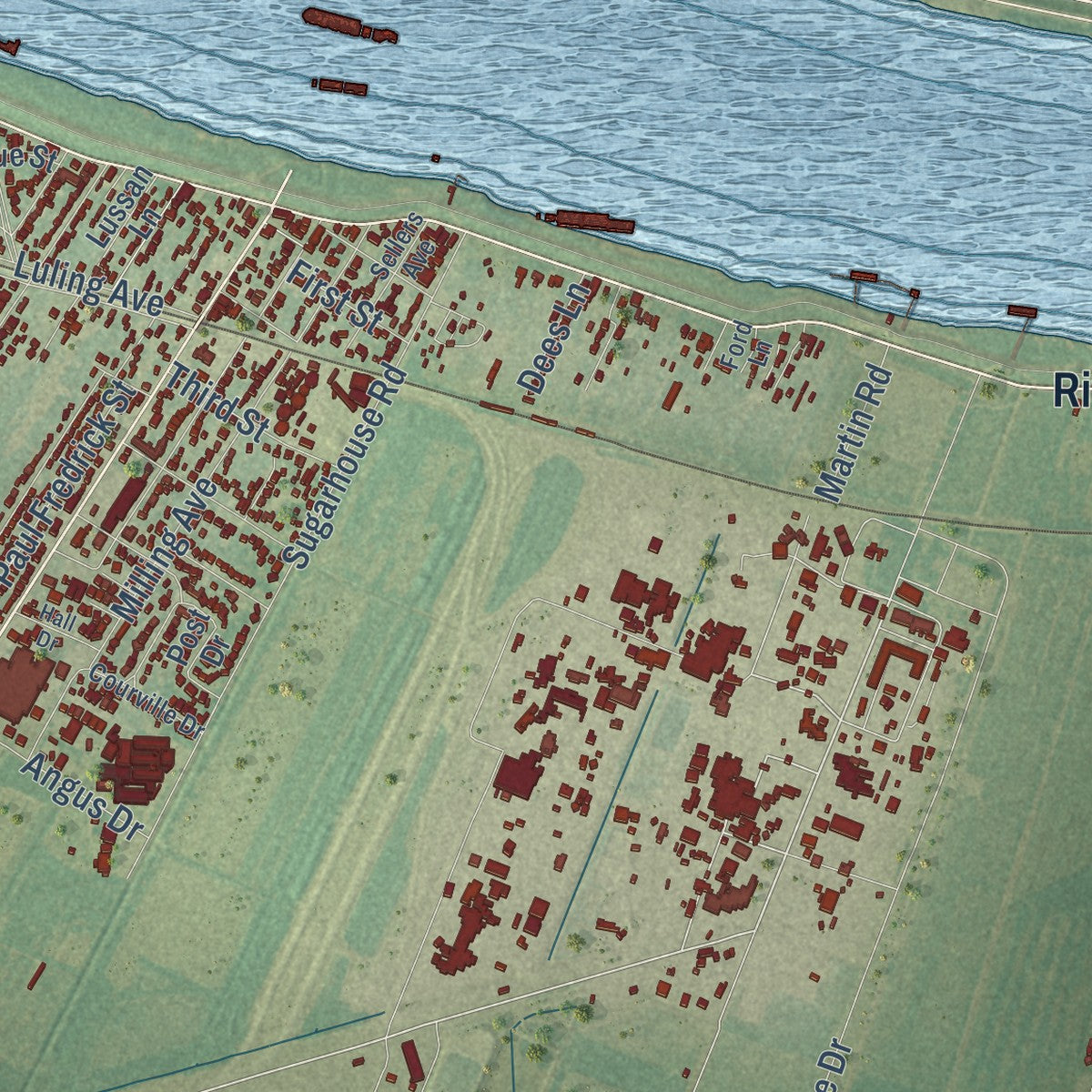 Close-up of the map of Luling, Louisiana print showing street and building detail