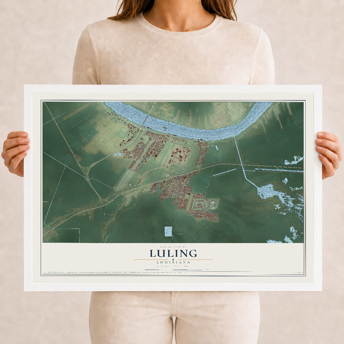 Map of Luling, Louisiana, 12 x 18 inch print in a white wood frame