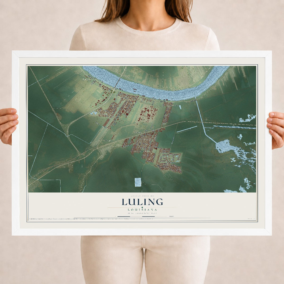 Map of Luling, Louisiana, 18 x 24 inch print in a white wood frame