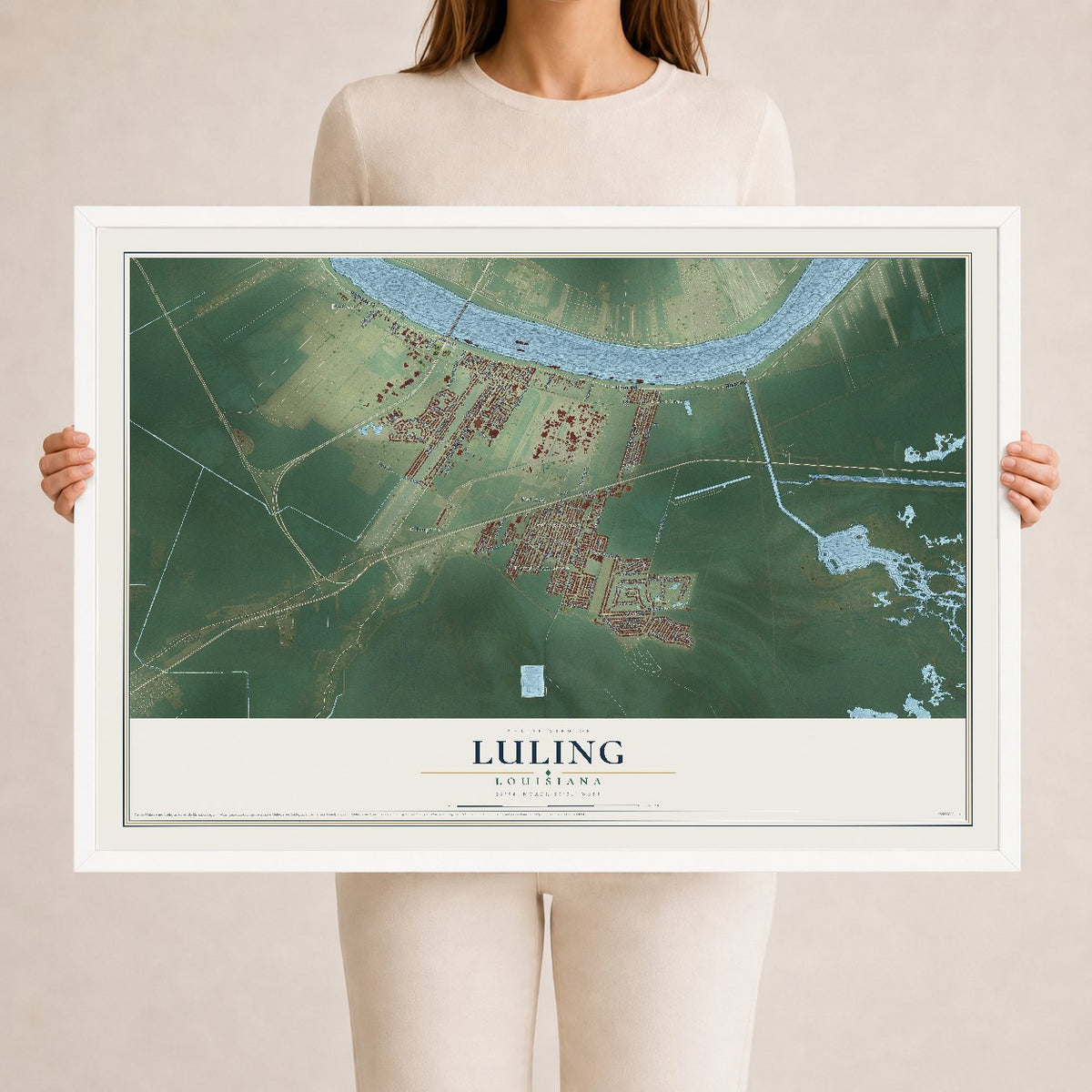 Map of Luling, Louisiana, 24 x 36 inch print in a white wood frame