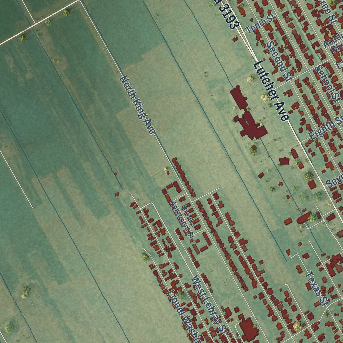 Second close-up of the map of Lutcher, Louisiana print showing more streets and buildings